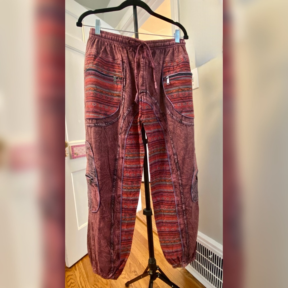 Step In Style Boho Cotton Joggers – Maroon & Multicolor Patchwork – One Size